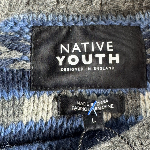 Native Youth Fair Isle Knit Sweater Blue Gray Wool Blend Men’s LGE NWT MSRP $100 - Picture 7 of 14